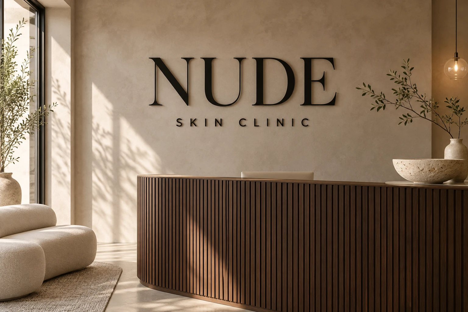 Czarne przestrzenne logo NUDE na beżowej ścianie gabinetu