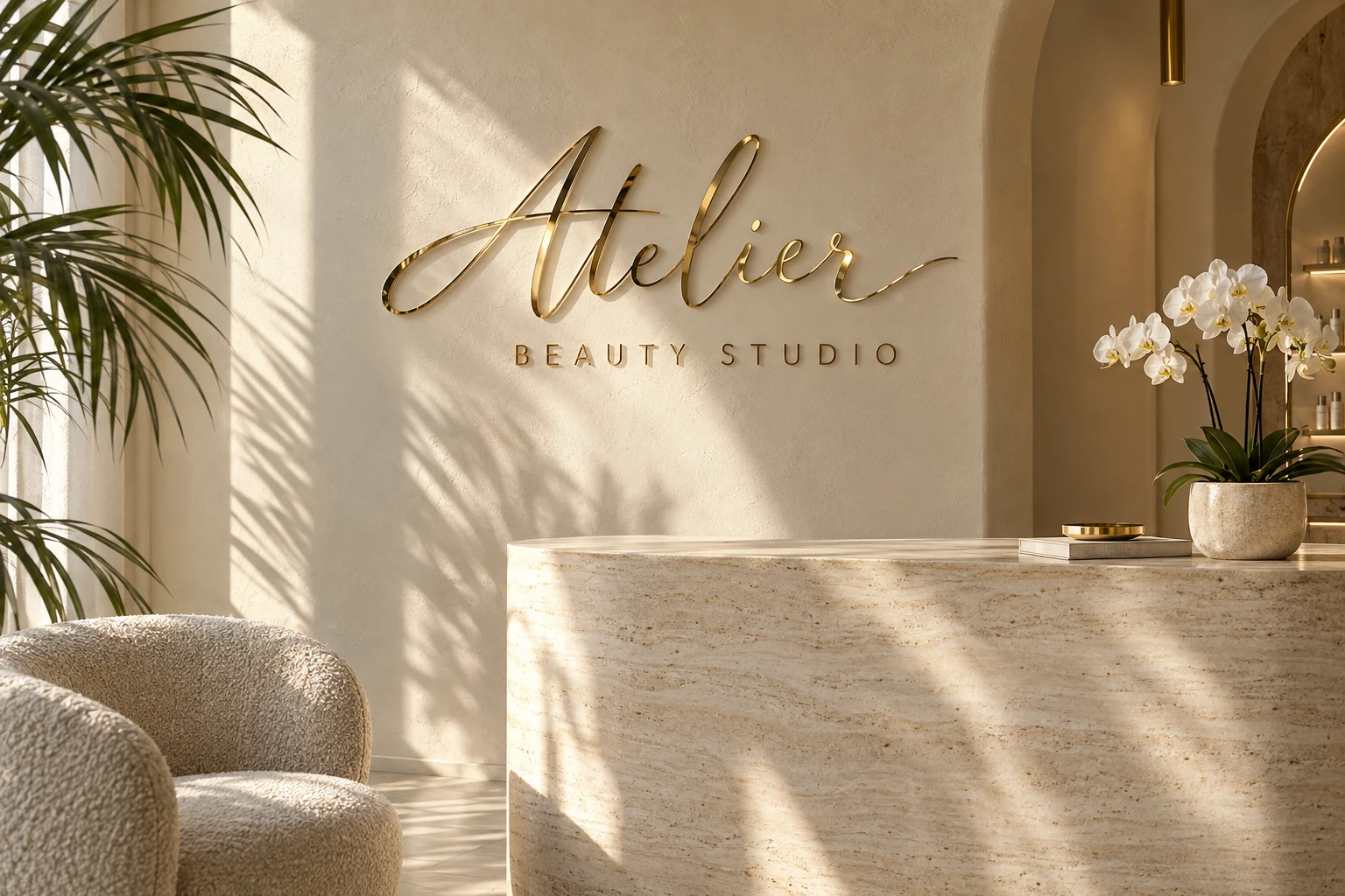 Złote, lustrzane logo Atelier na jasnej ścianie eleganckiego salonu beauty — wizualizacja